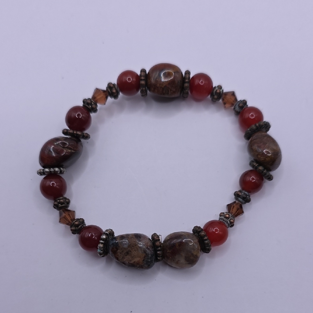 Elegant Brown Gemstones and Red Glass Beaded Stretch Bracelet